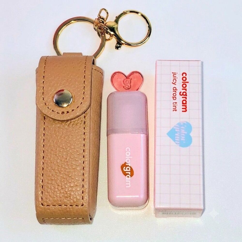 BAG CHARM & LIP GLOSS BUNDLE Light Brown Vegan Leather Keychain & Colorgram NEW